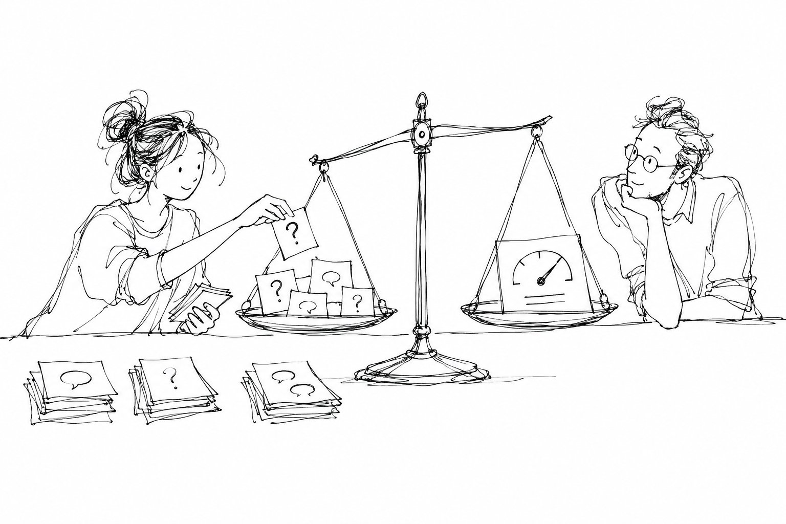 Two colleagues weigh question cards against a dashboard dial on a balance scale.